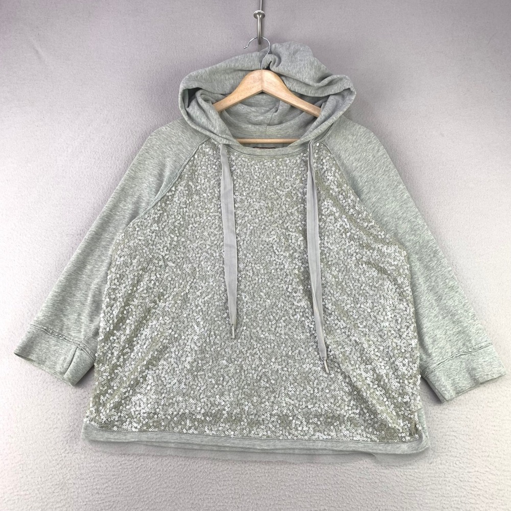 VTG Y2K Juicy Couture Sequin Front Hoodie Women XL Gray Glam 3/4 Sleeve Pullover
